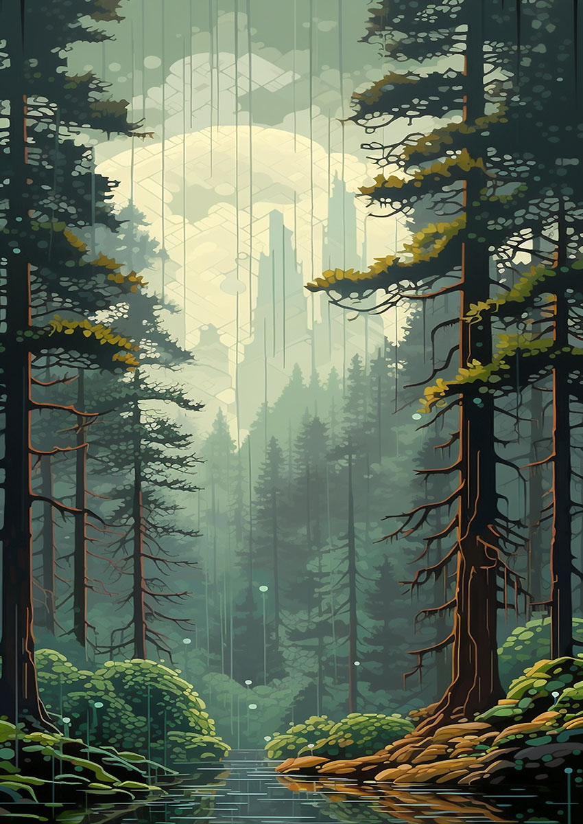 Artistic depiction of serene trees and flowers in a forest setting with reflective water.